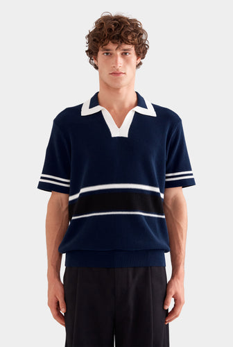 Contrast Open Neck Cotton Polo - Navy/Black/White