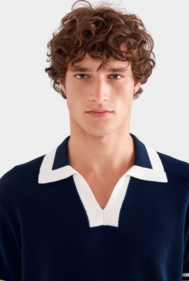 Contrast Open Neck Cotton Polo - Navy/Black/White