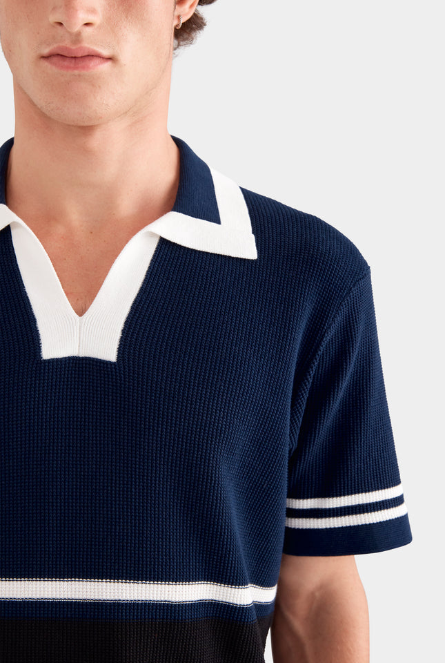 Contrast Open Neck Cotton Polo - Navy/Black/White