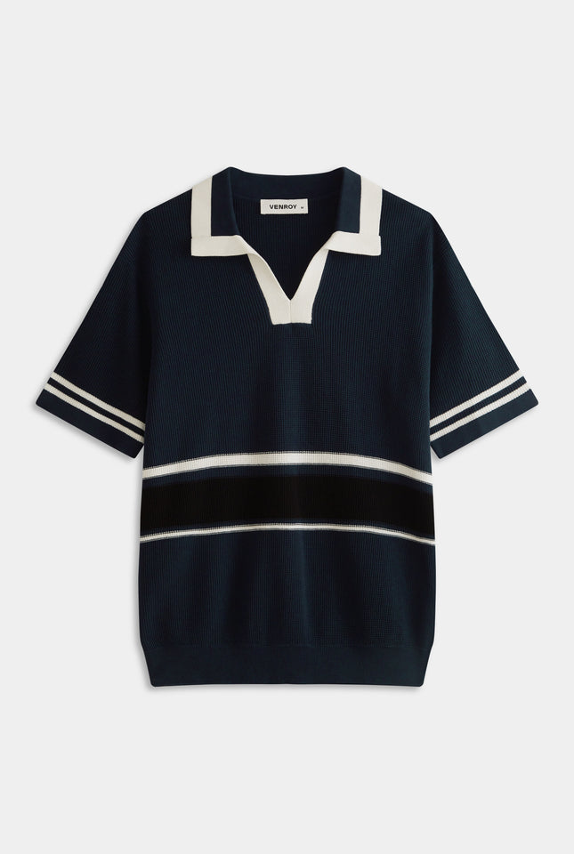 Contrast Open Neck Cotton Polo - Navy/Black/White