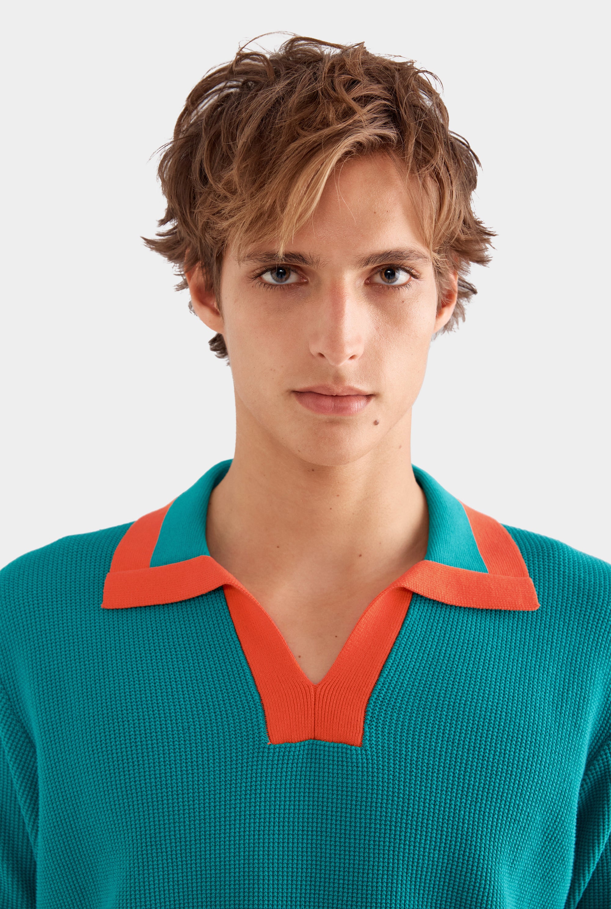 Contrast Open Neck Cotton Polo - Teal/Bright Orange