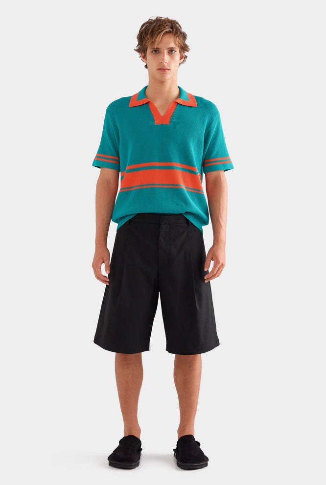 Cotton Canvas Pleated Bermuda Short - Black