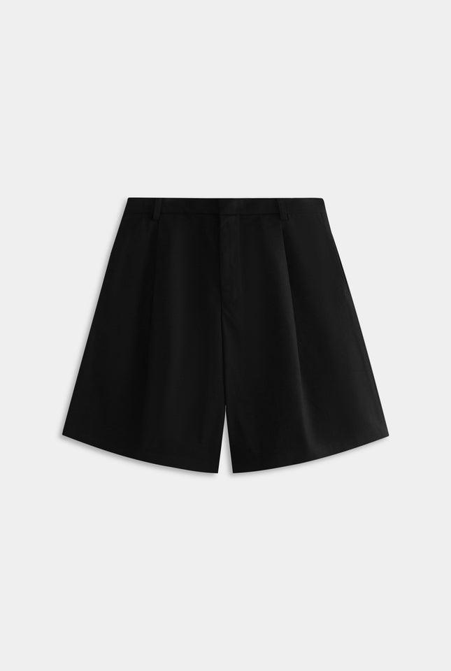 Cotton Canvas Pleated Bermuda Short - Black