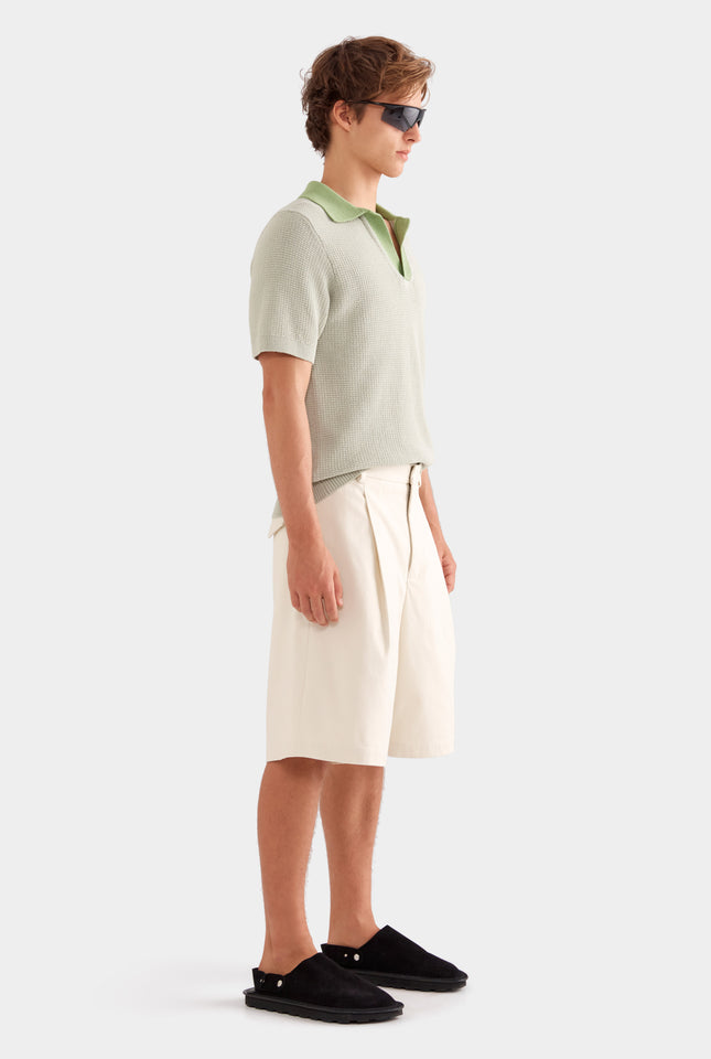 Cotton Canvas Pleated Bermuda Short - Cream