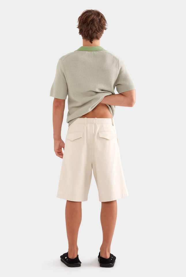 Cotton Canvas Pleated Bermuda Short - Cream