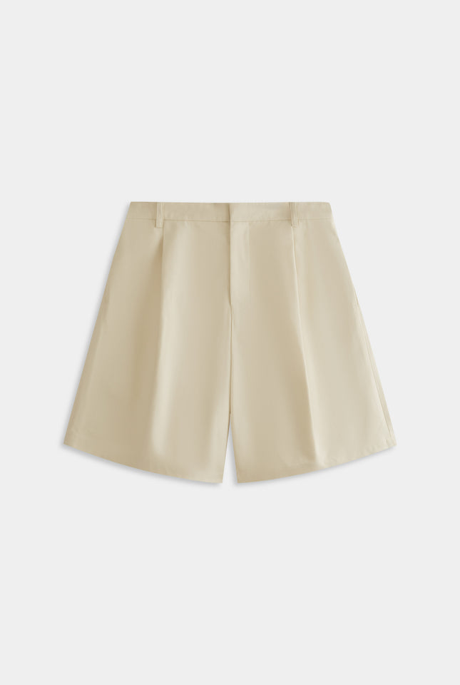 Cotton Canvas Pleated Bermuda Short - Cream