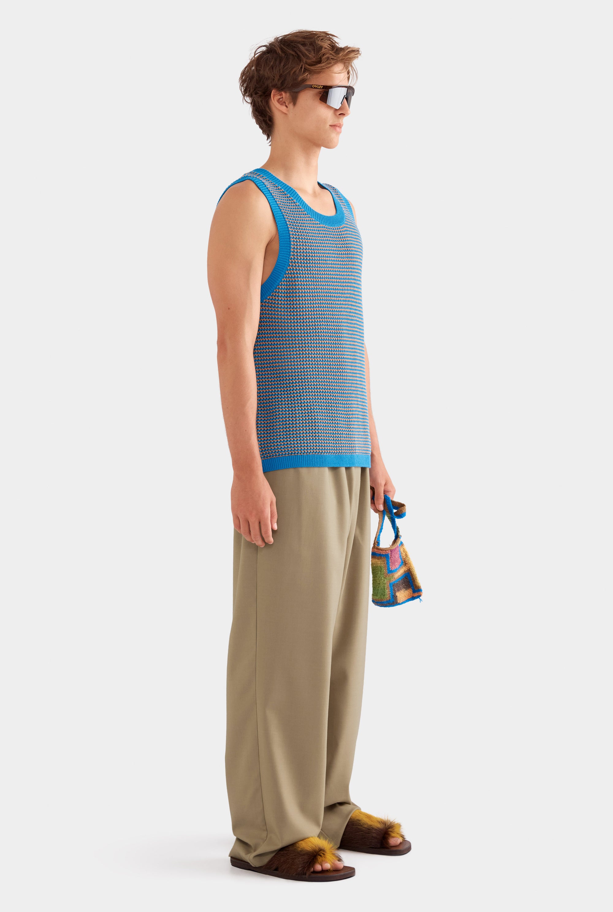 Cotton Crochet Tank - Bright Blue/Brown