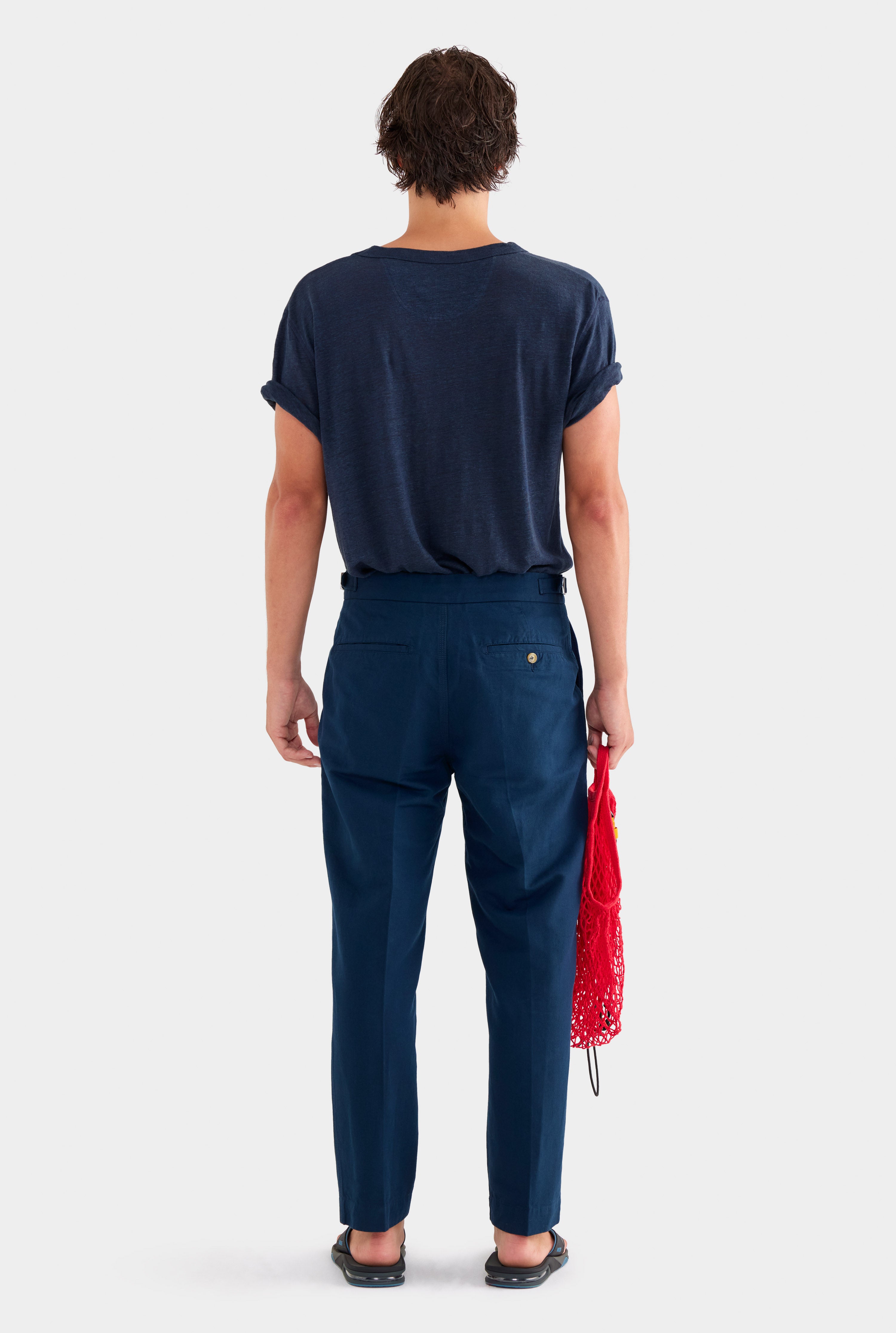 Cotton Linen Twill Side Tab Trouser -  Navy/Natural Tape