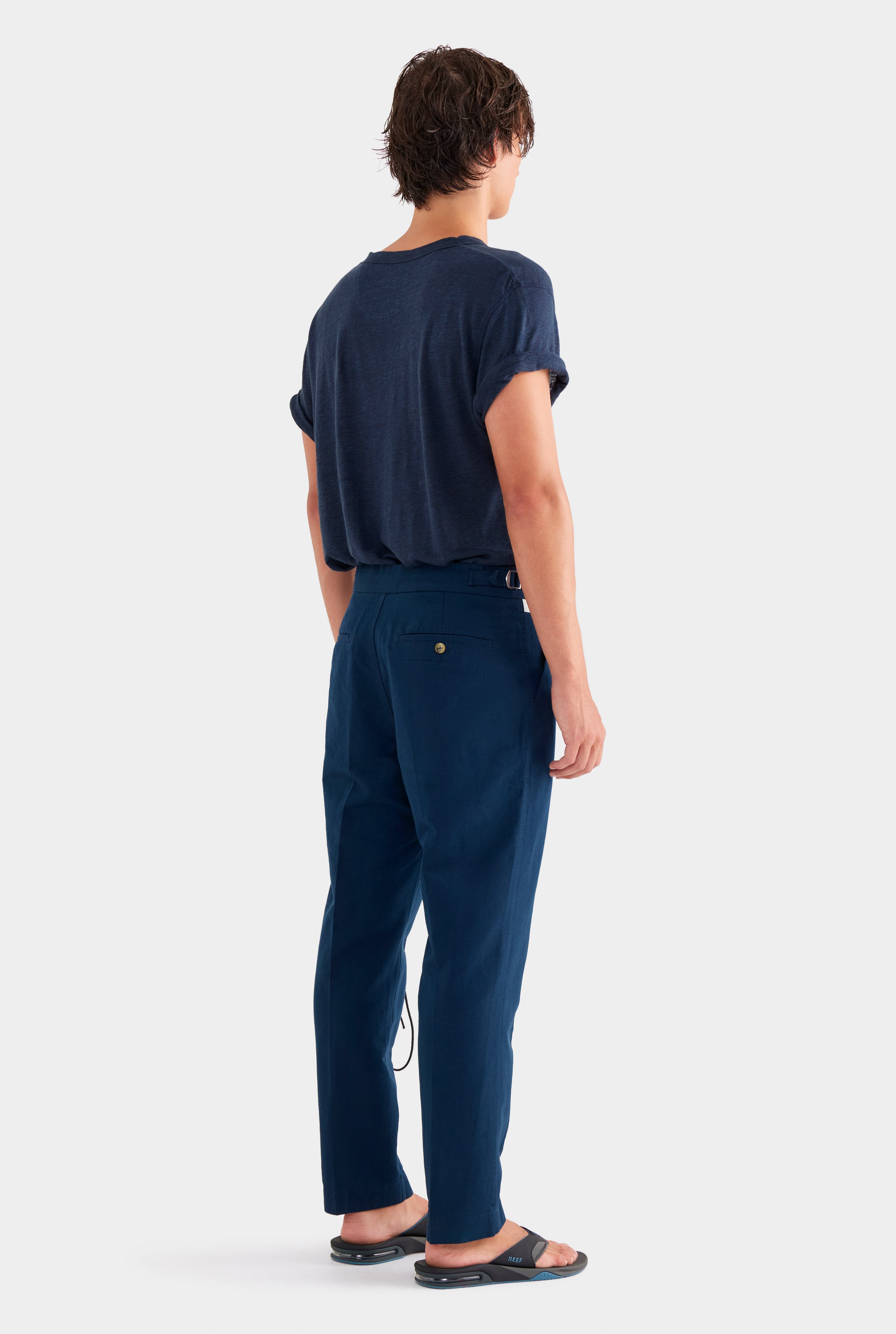 Cotton Linen Twill Side Tab Trouser -  Navy/Natural Tape