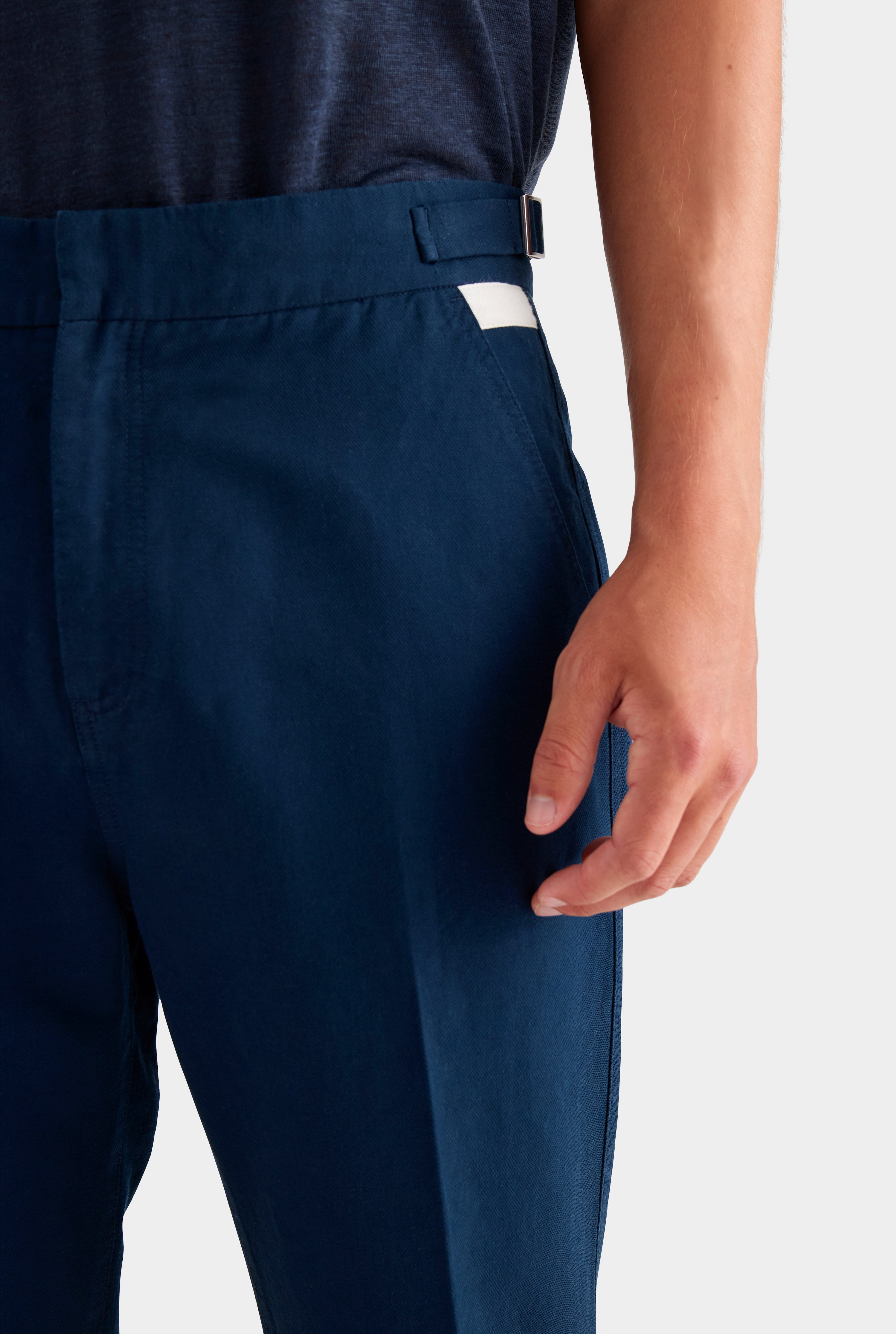 Cotton Linen Twill Side Tab Trouser -  Navy/Natural Tape