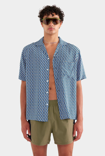 Flat Hem Short Sleeve Silk Camp Collar Shirt - Chocolate/Blue V Monogram