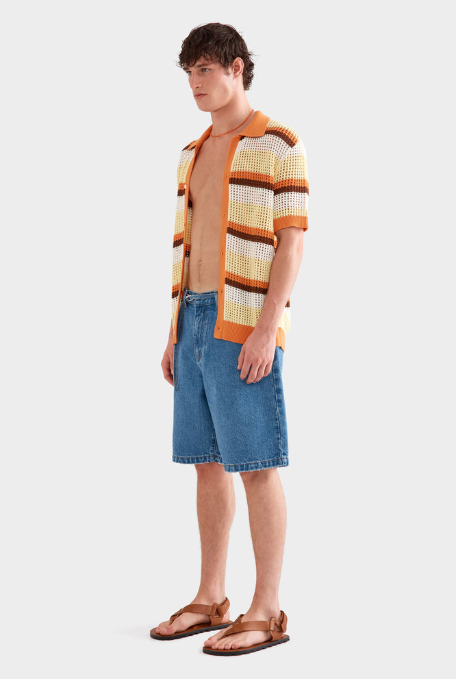 Stripe Open Stitch Knit Shirt - Lemon/Brown/Rust