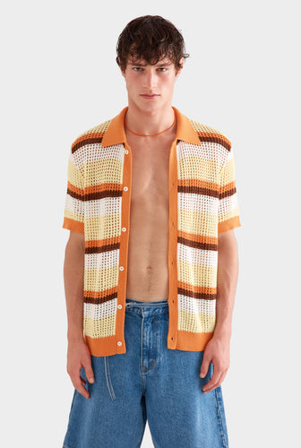 Stripe Open Stitch Knit Shirt - Lemon/Brown/Rust