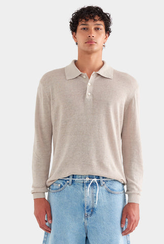 Long Sleeve Linen Knit Polo - Taupe