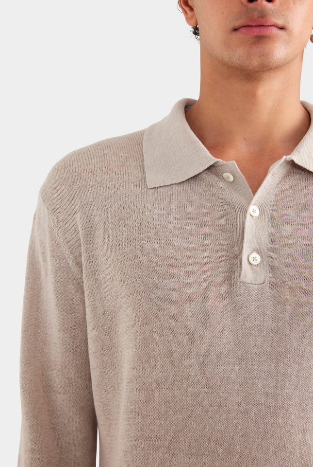 Long Sleeve Linen Knit Polo - Taupe