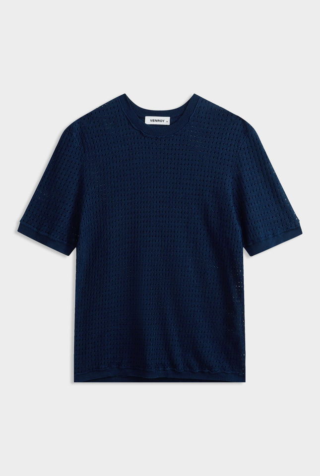 Linen Raw Edge Detail Knit T Shirt - Navy