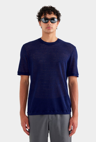 Linen Raw Edge Detail Knit T Shirt - Navy