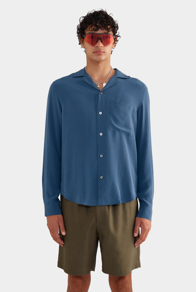 Long Sleeve Silk Camp Collar Shirt - Dark Slate Blue