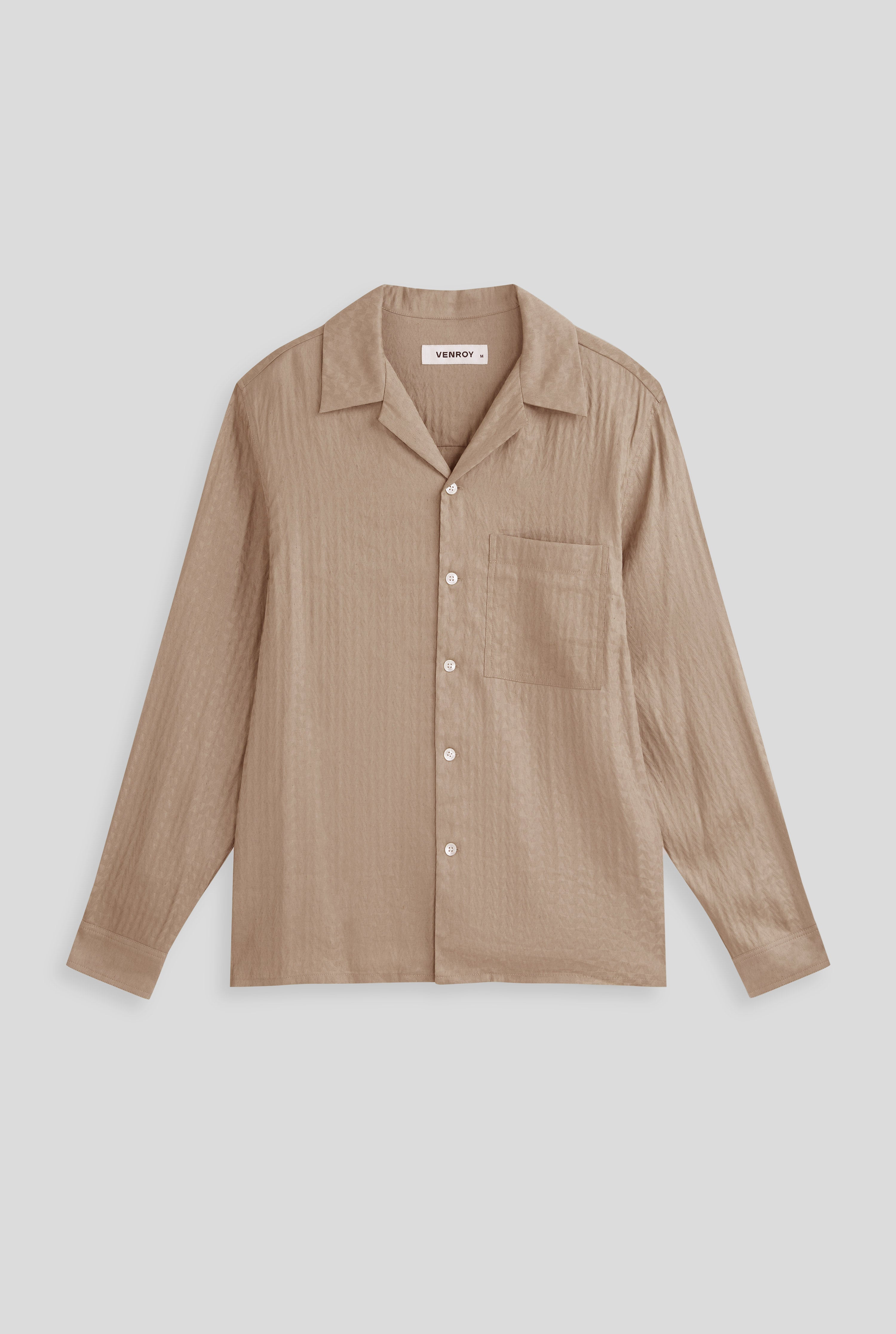 Long Sleeve Jacquard V Monogram Silk Linen Shirt - Walnut