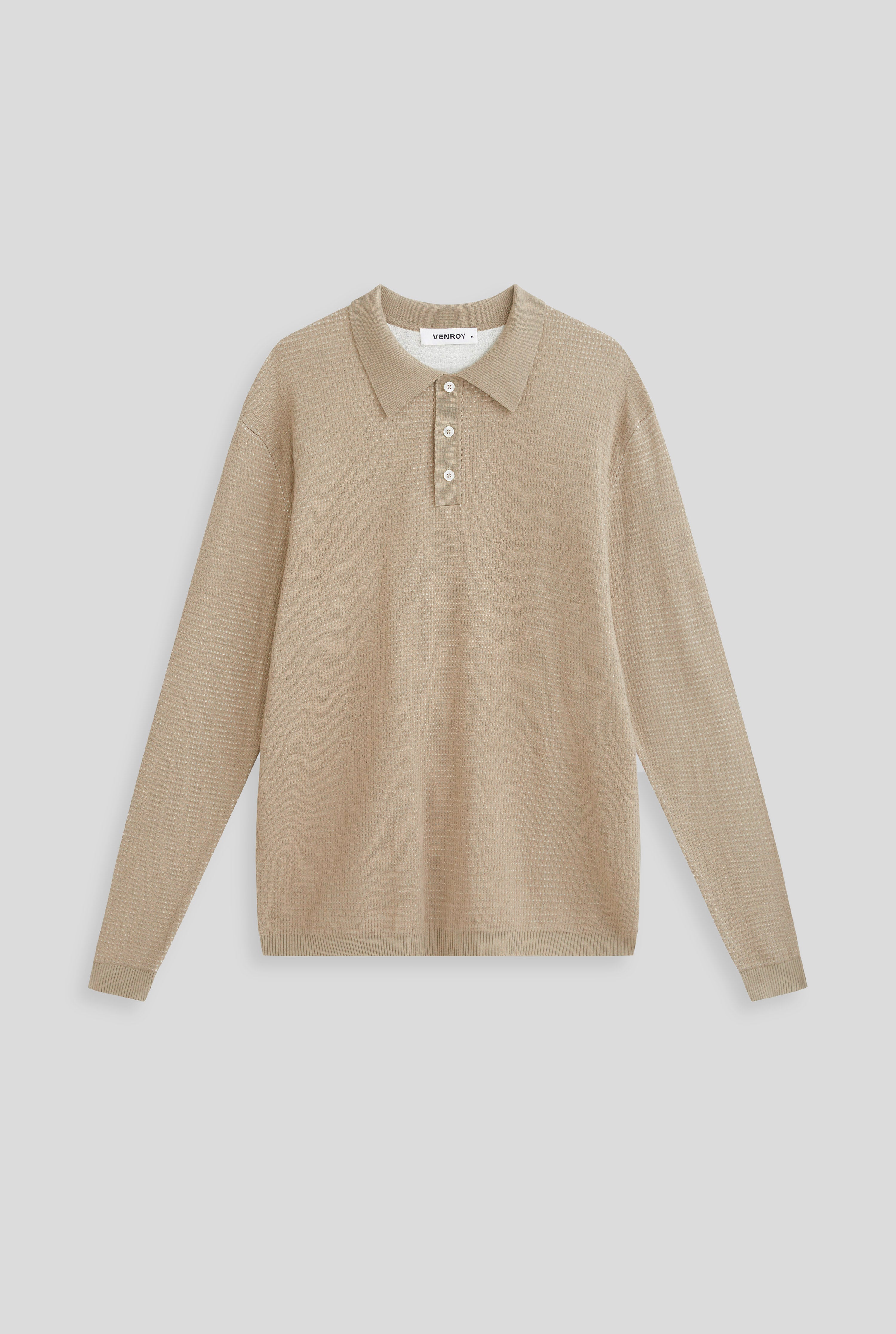 Long Sleeve Textured Cotton Knit Polo - Walnut/Cream