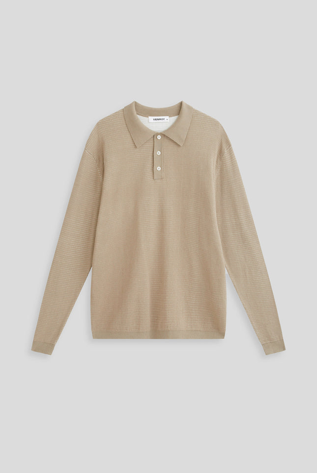 Long Sleeve Textured Cotton Knit Polo - Walnut/Cream