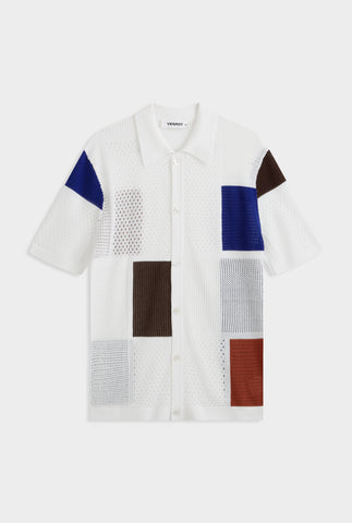 Multi Stitch Cotton Knit Shirt - Off White/Blue/Picante