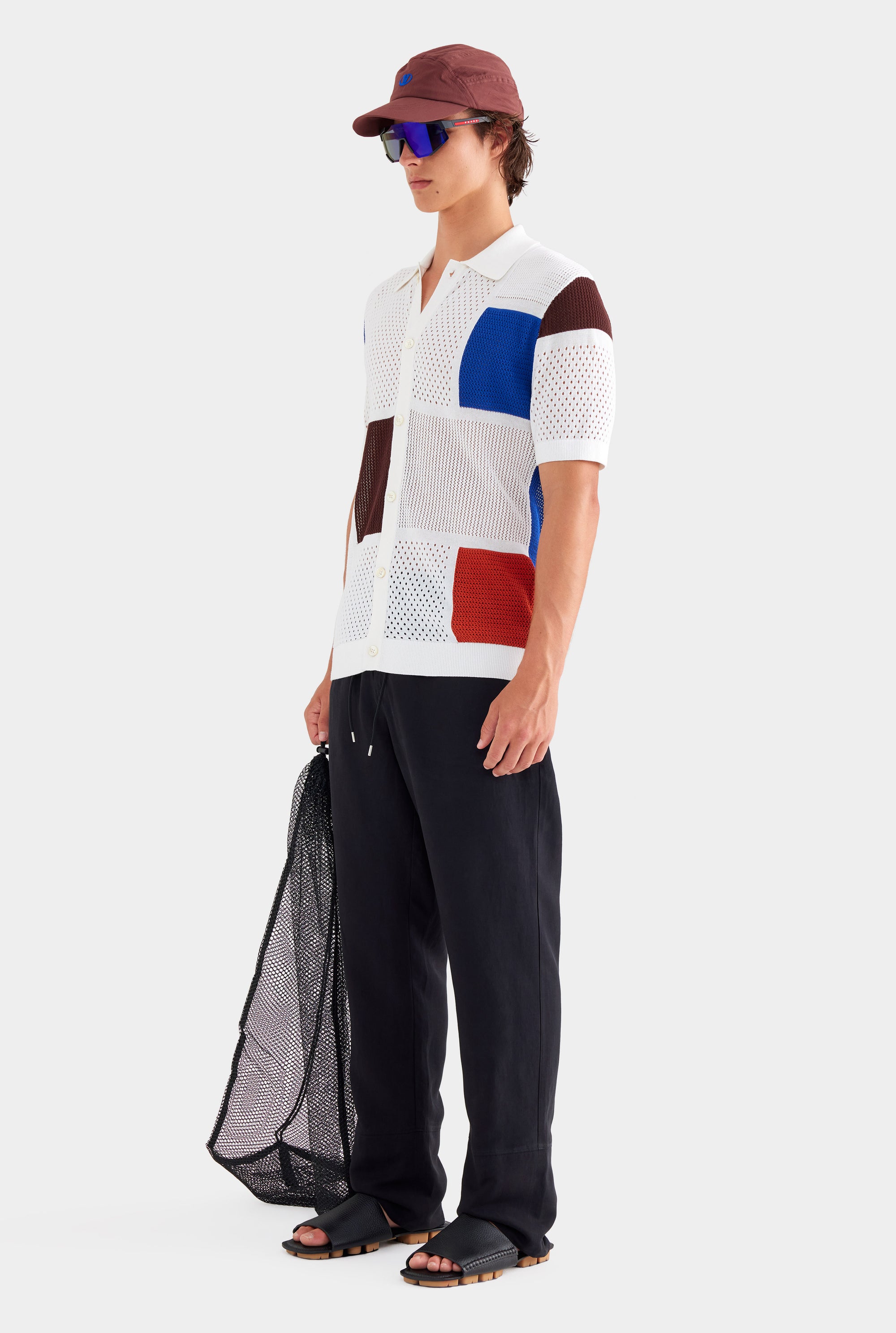 Multi Stitch Cotton Knit Shirt - Off White/Blue/Picante