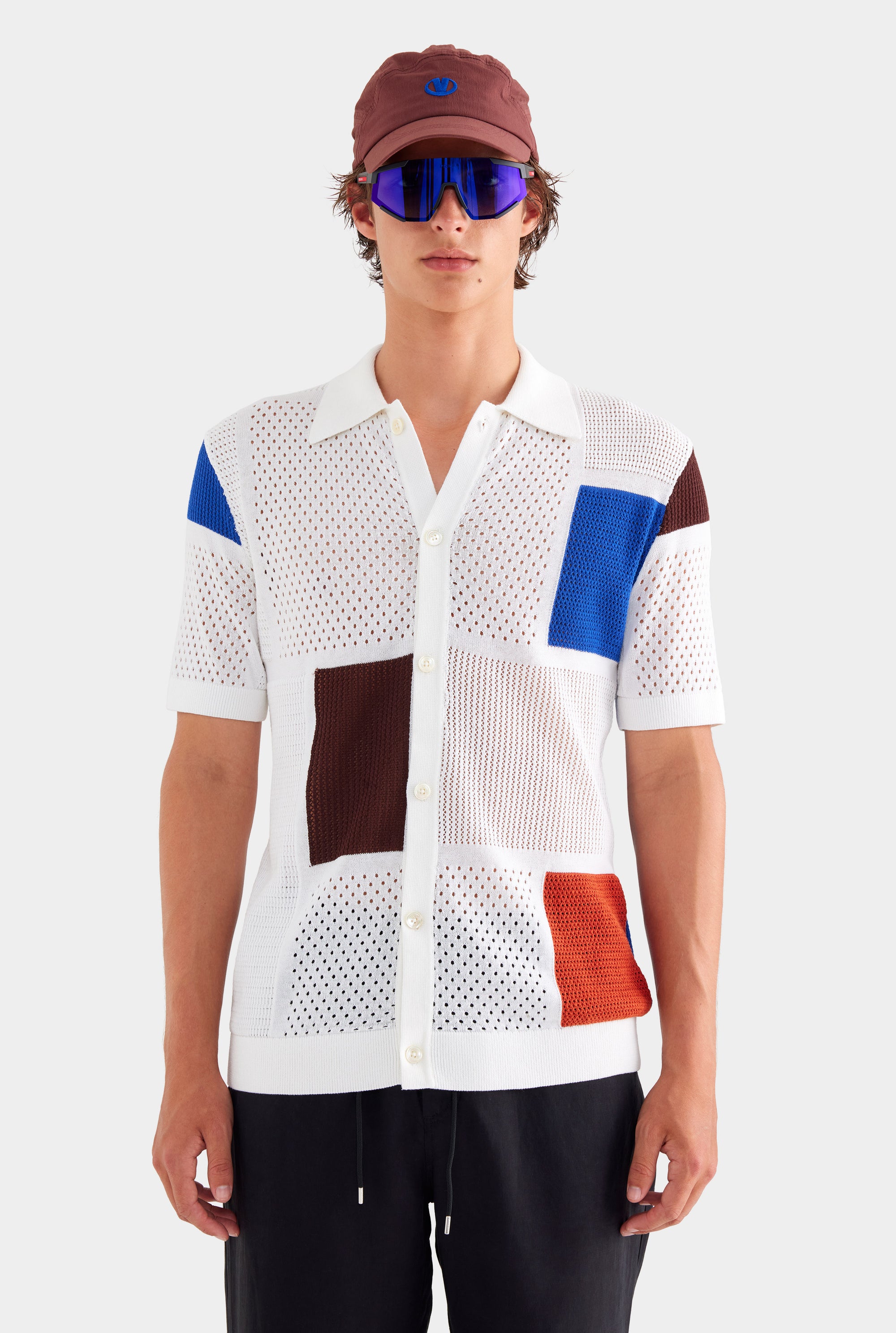 Multi Stitch Cotton Knit Shirt - Off White/Blue/Picante