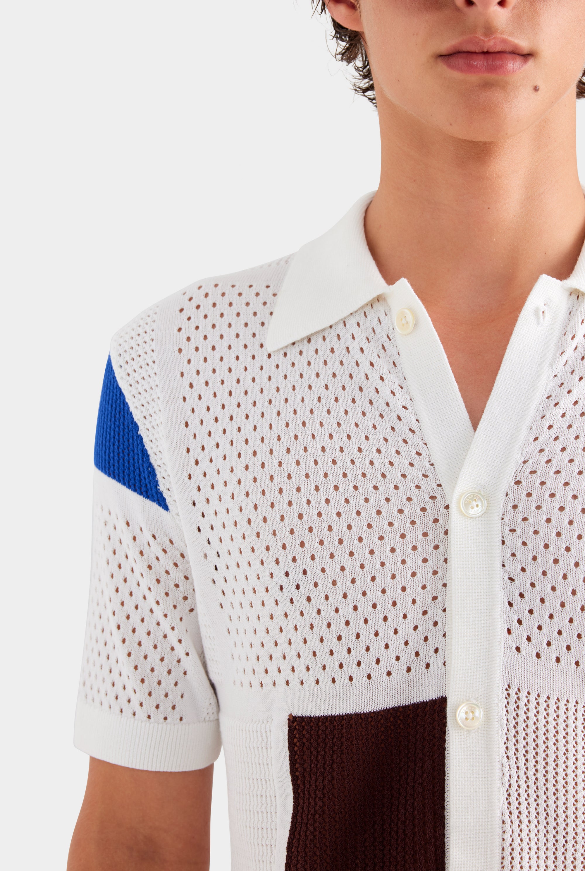 Multi Stitch Cotton Knit Shirt - Off White/Blue/Picante