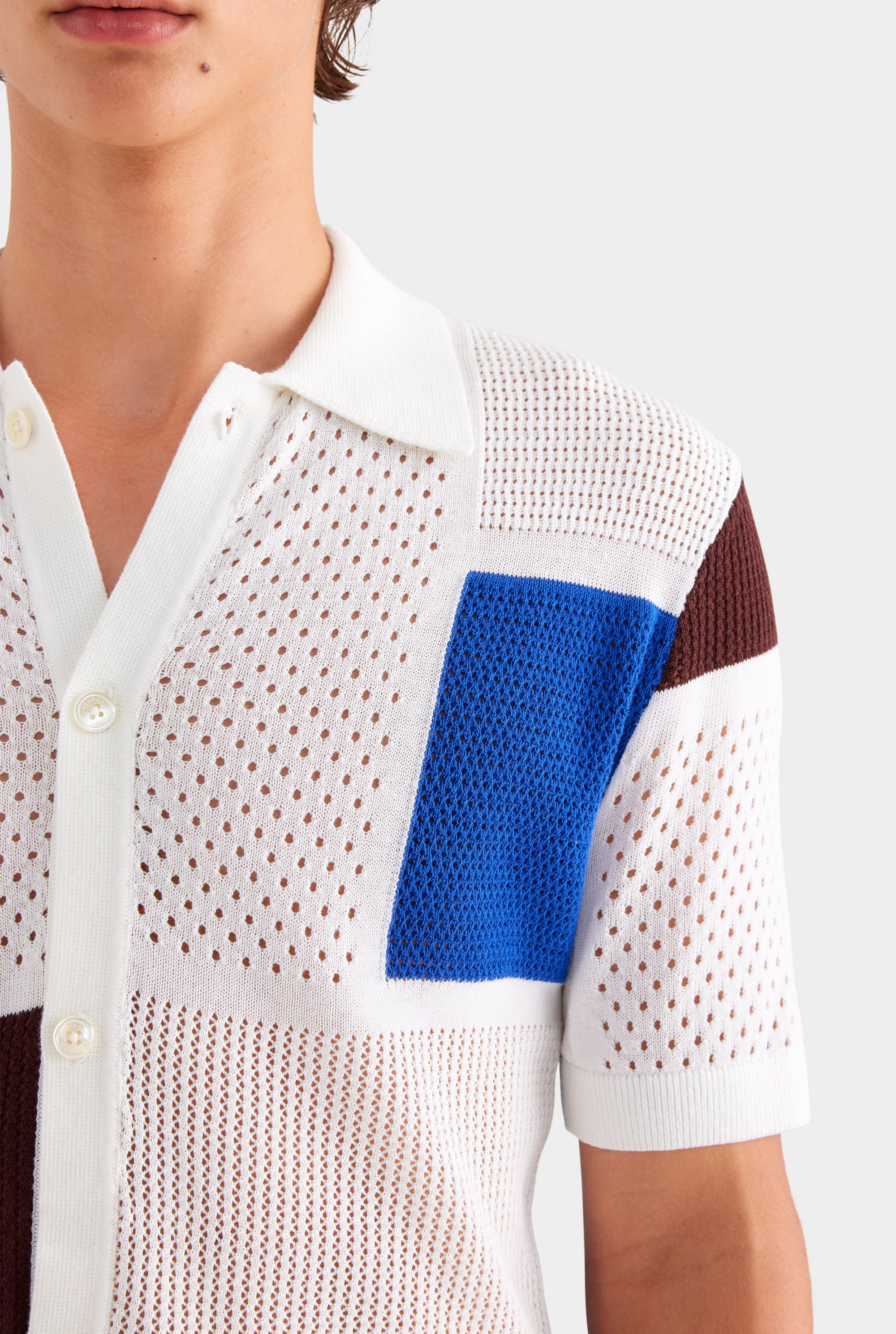 Multi Stitch Cotton Knit Shirt - Off White/Blue/Picante