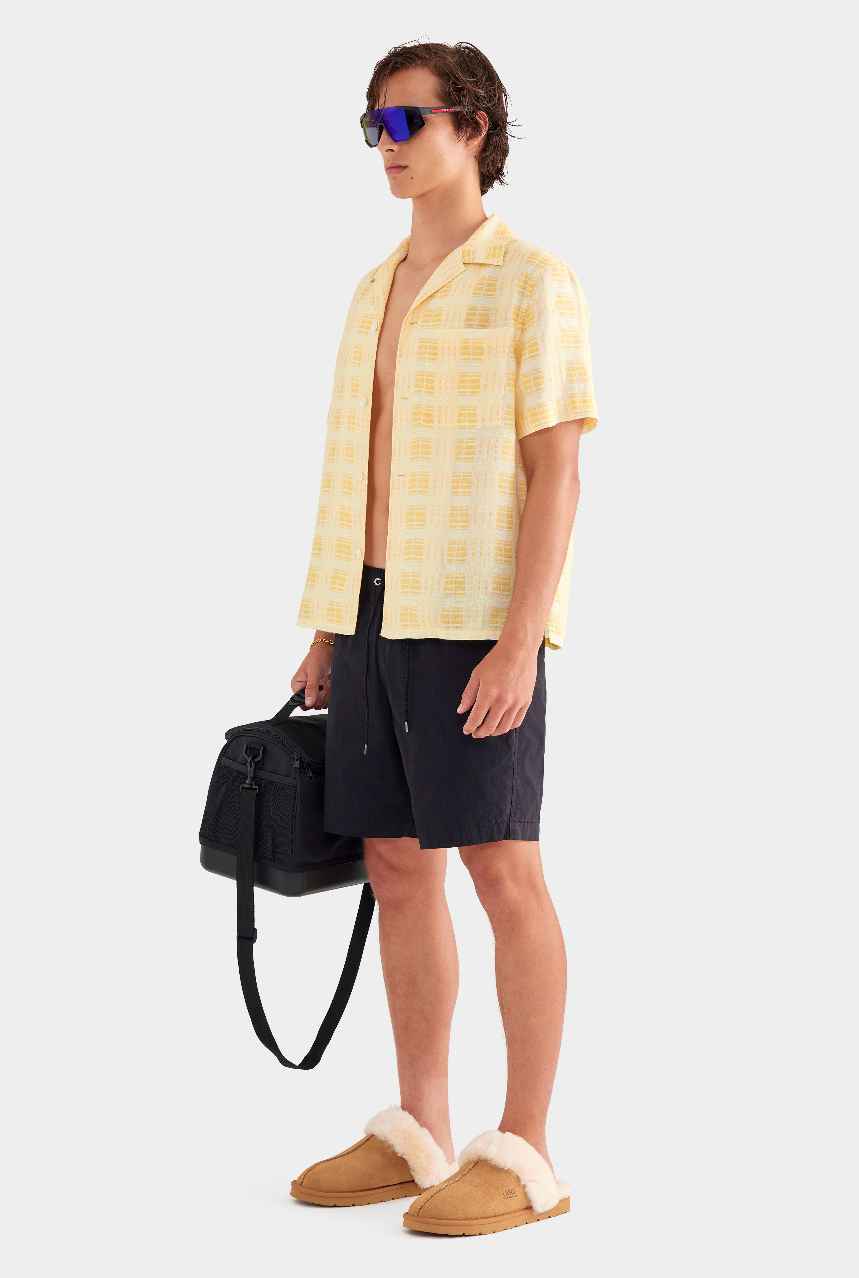 Printed Short Sleeve Linen Camp Collar Shirt - Yellow Painted Check