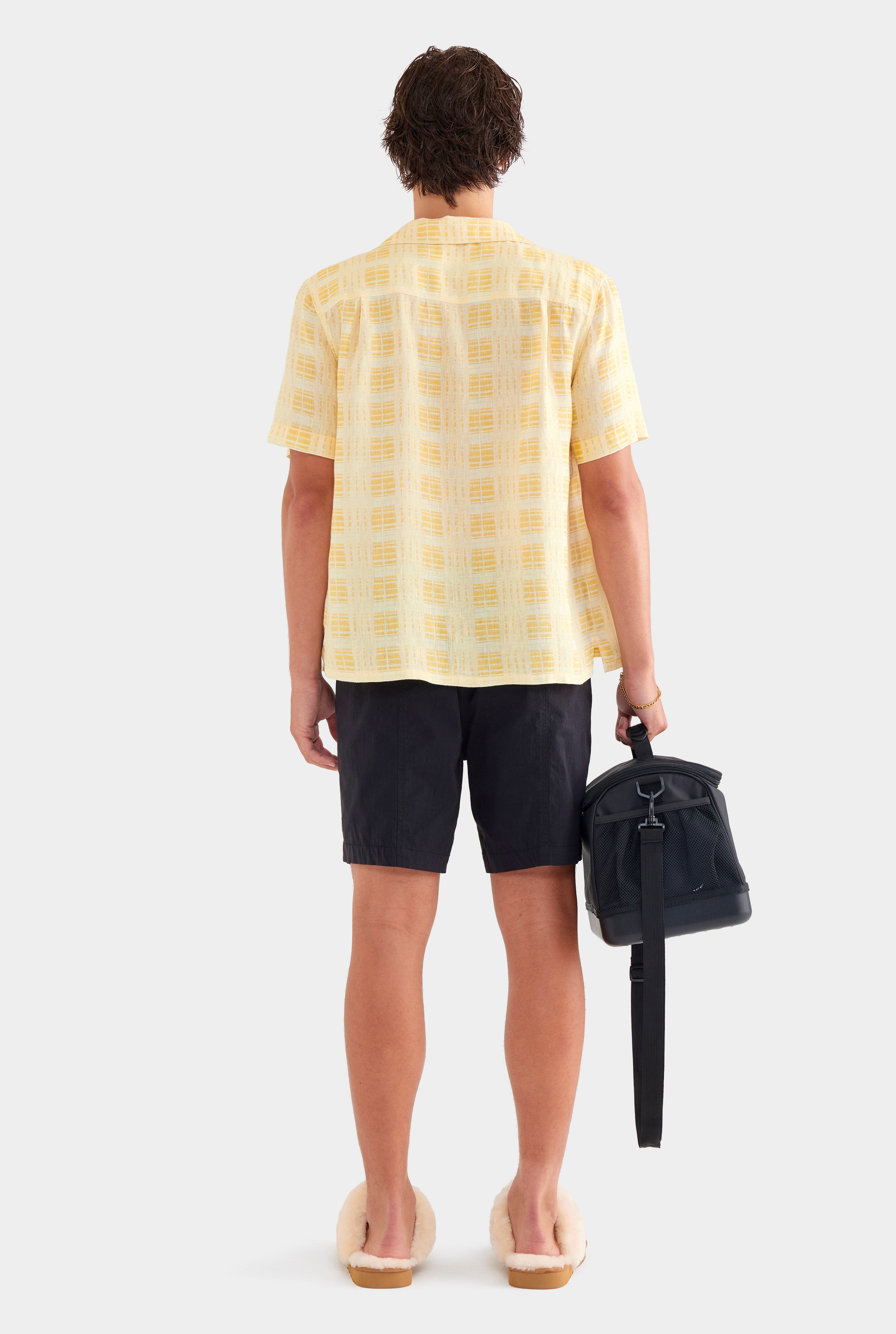 Printed Short Sleeve Linen Camp Collar Shirt - Yellow Painted Check