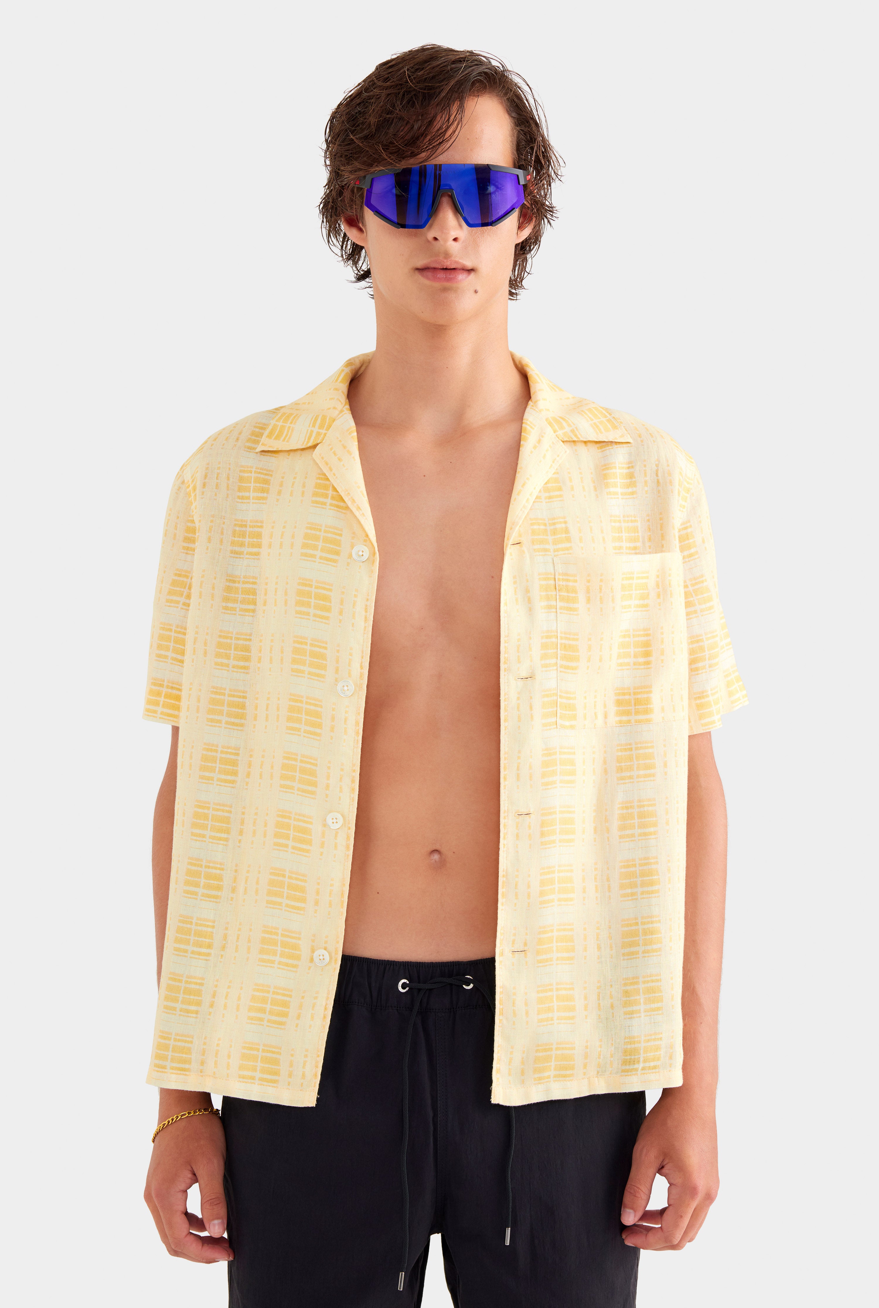 Printed Short Sleeve Linen Camp Collar Shirt - Yellow Painted Check