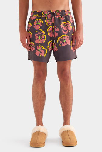 Printed Swim Short - Black/Maroon Hibiscus