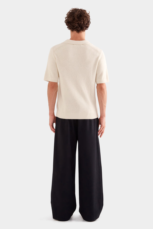 Relaxed Cotton Knit Open Neck Polo - Cream