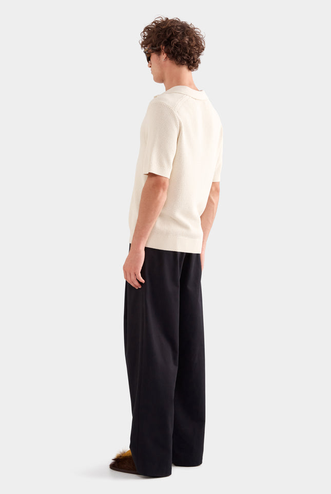 Relaxed Cotton Knit Open Neck Polo - Cream