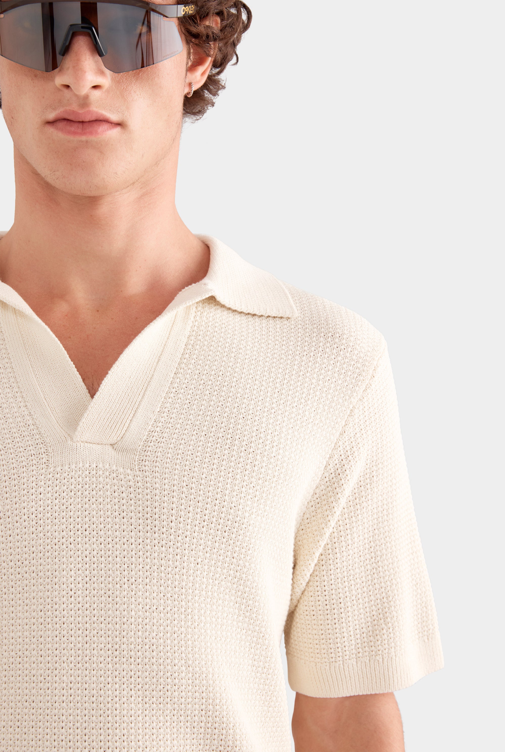 Relaxed Cotton Knit Open Neck Polo - Cream