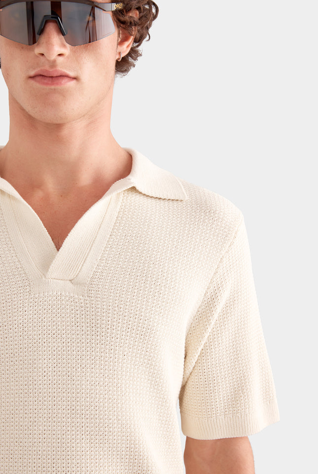 Relaxed Cotton Knit Open Neck Polo - Cream