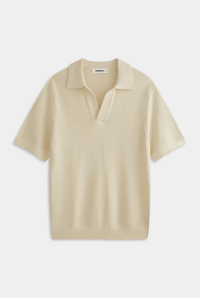 Relaxed Cotton Knit Open Neck Polo - Cream