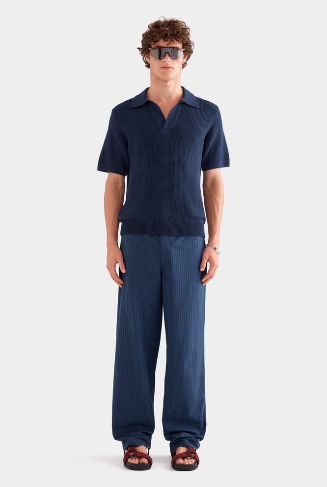 Relaxed Cotton Knit Open Neck Polo - Navy