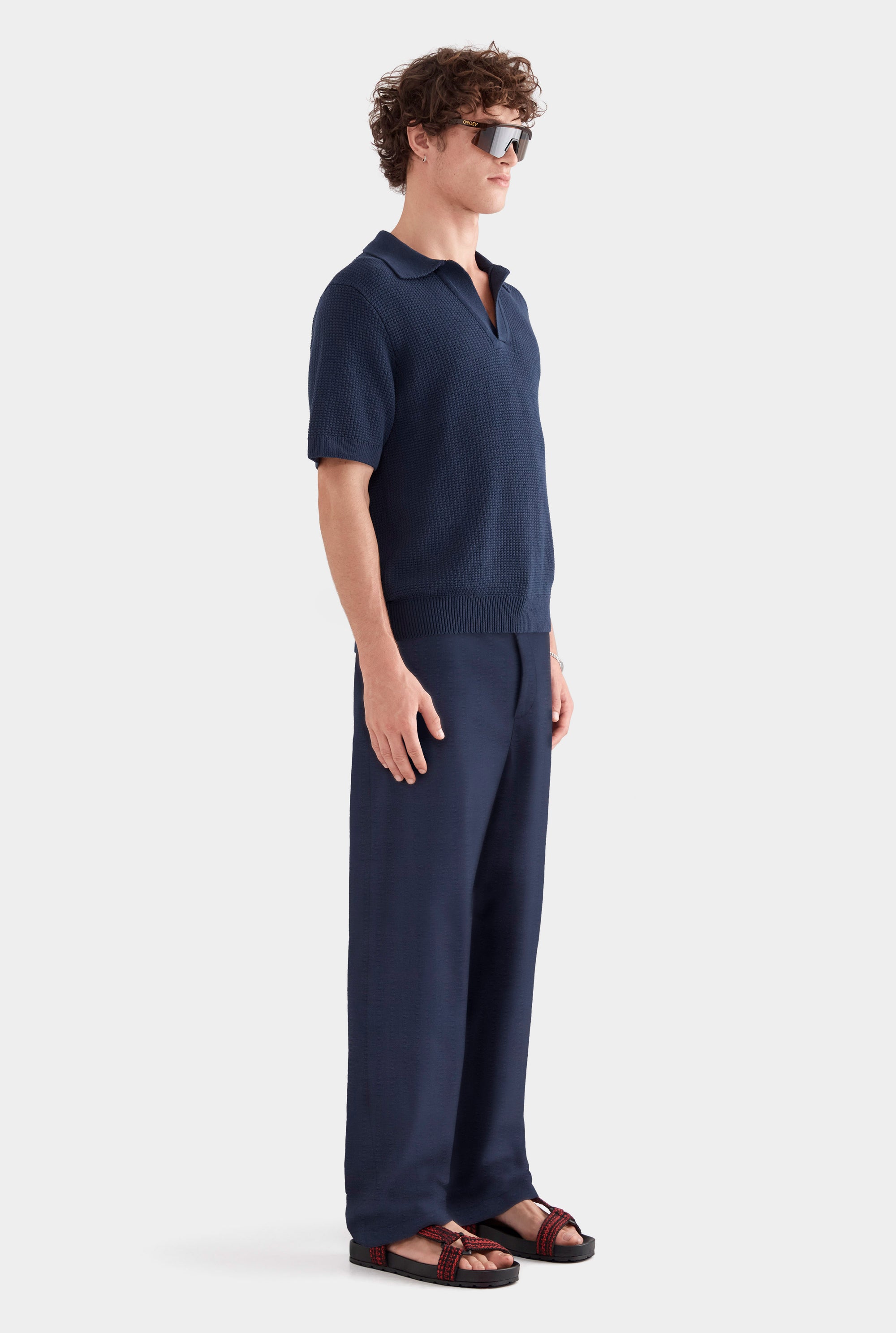 Relaxed Cotton Knit Open Neck Polo - Navy