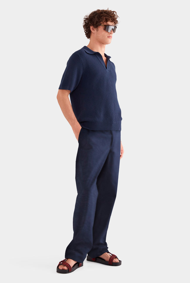 Relaxed Cotton Knit Open Neck Polo - Navy