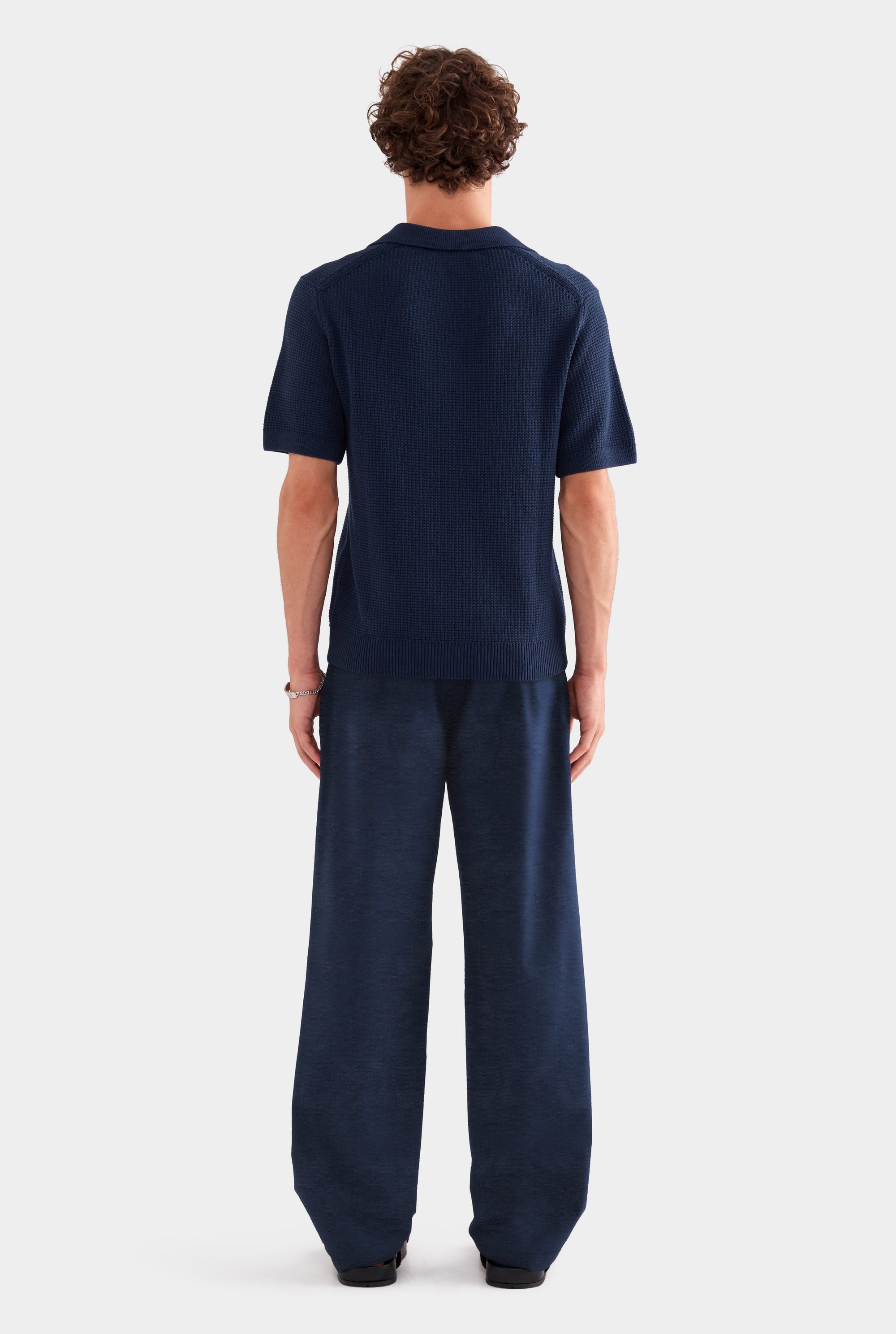 Relaxed Cotton Knit Open Neck Polo - Navy