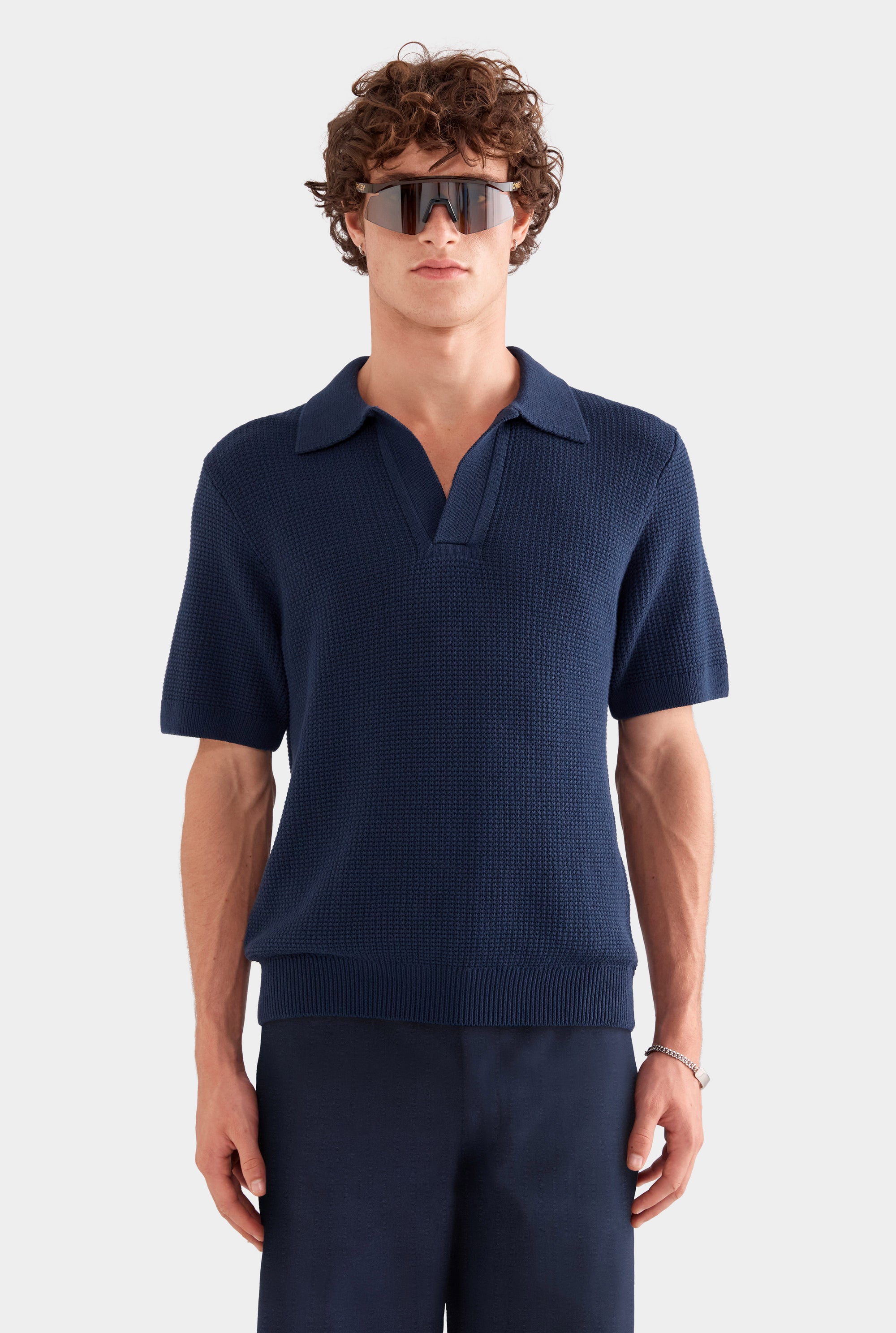Relaxed Cotton Knit Open Neck Polo - Navy