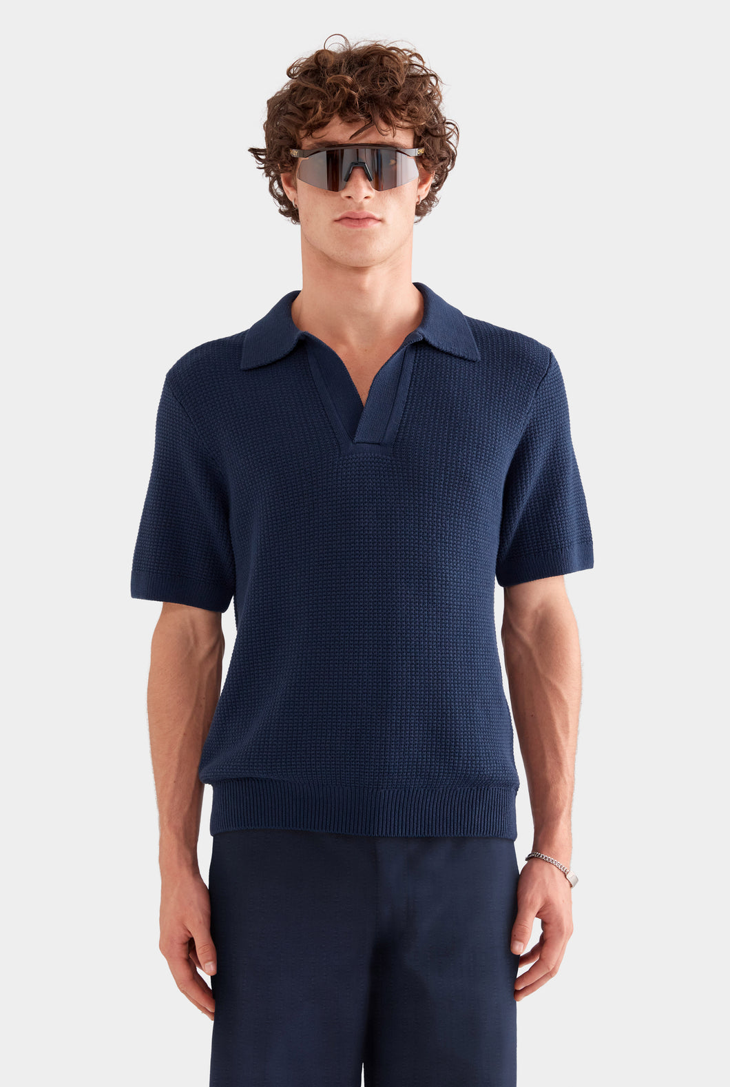 Relaxed Cotton Knit Open Neck Polo - Navy