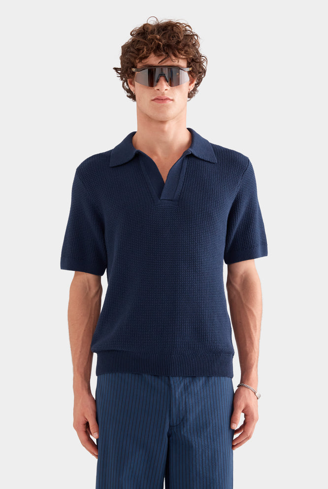 Relaxed Cotton Knit Open Neck Polo - Cream