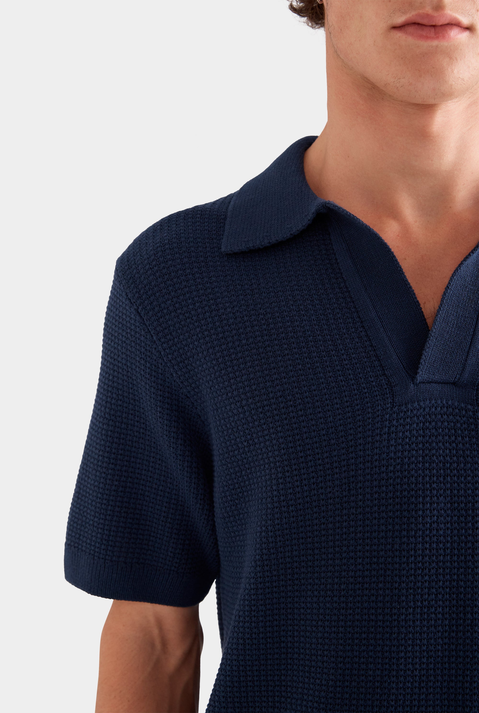 Relaxed Cotton Knit Open Neck Polo - Navy