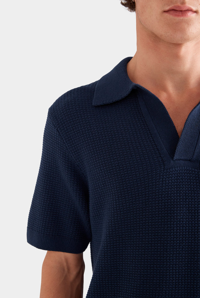 Relaxed Cotton Knit Open Neck Polo - Navy
