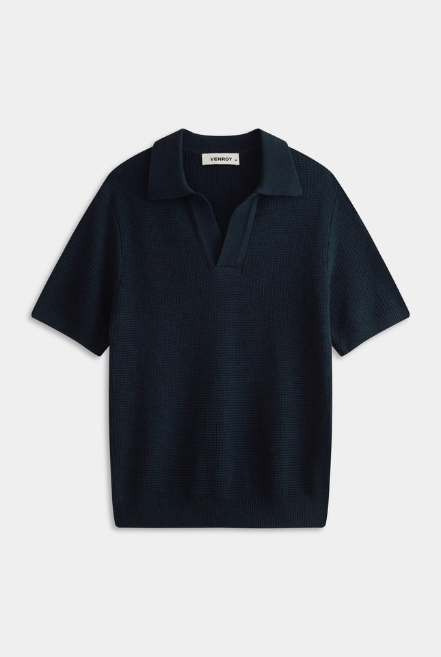 Relaxed Cotton Knit Open Neck Polo - Navy