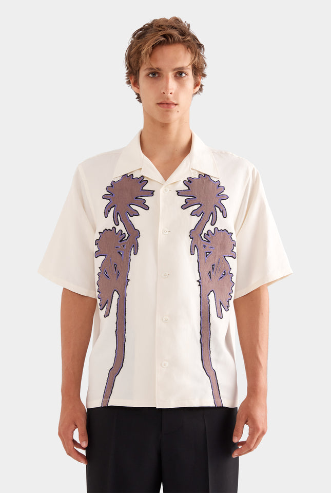 Relaxed Silk Linen Short Sleeve Shirt - Natural White/Cactus Stamp Applique